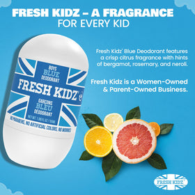 Fresh Kidz next to a ruler showing 1.86 fl oz size for travel-friendly convenience