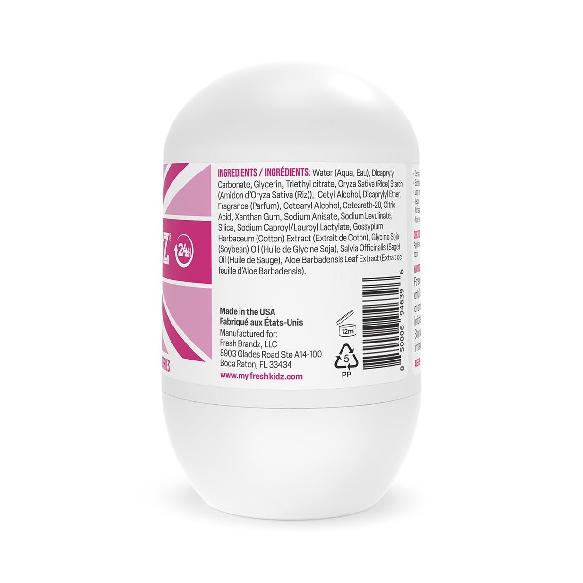 Fresh Kidz ingredient highlights showing baking-soda-friendly, aluminum-free benefits