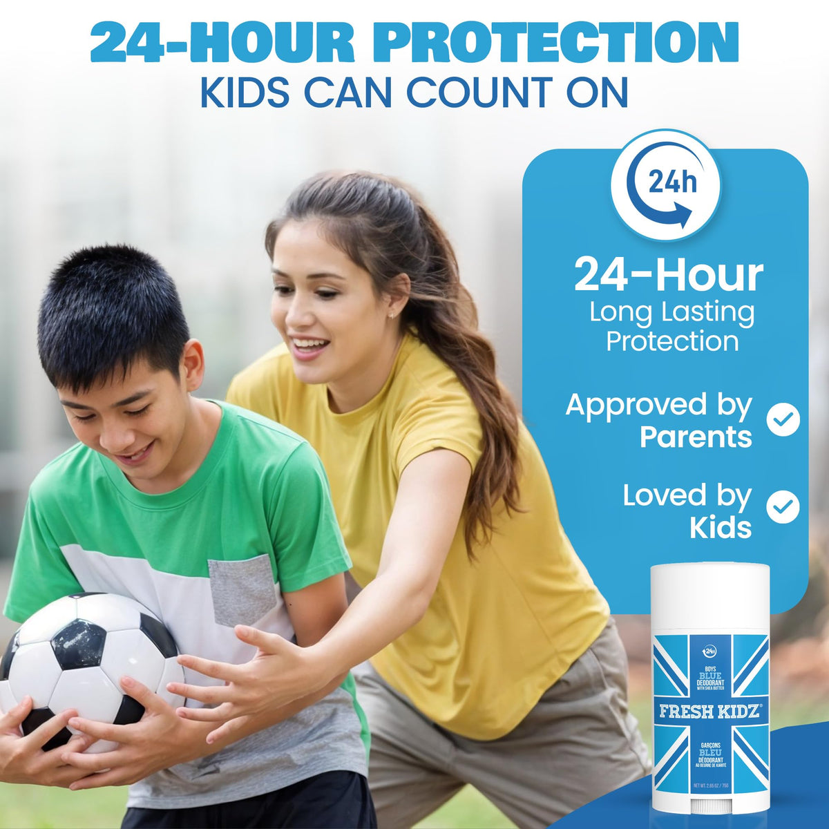 Fresh Kidz deodorant beside a ruler to show 2.65oz size and portability