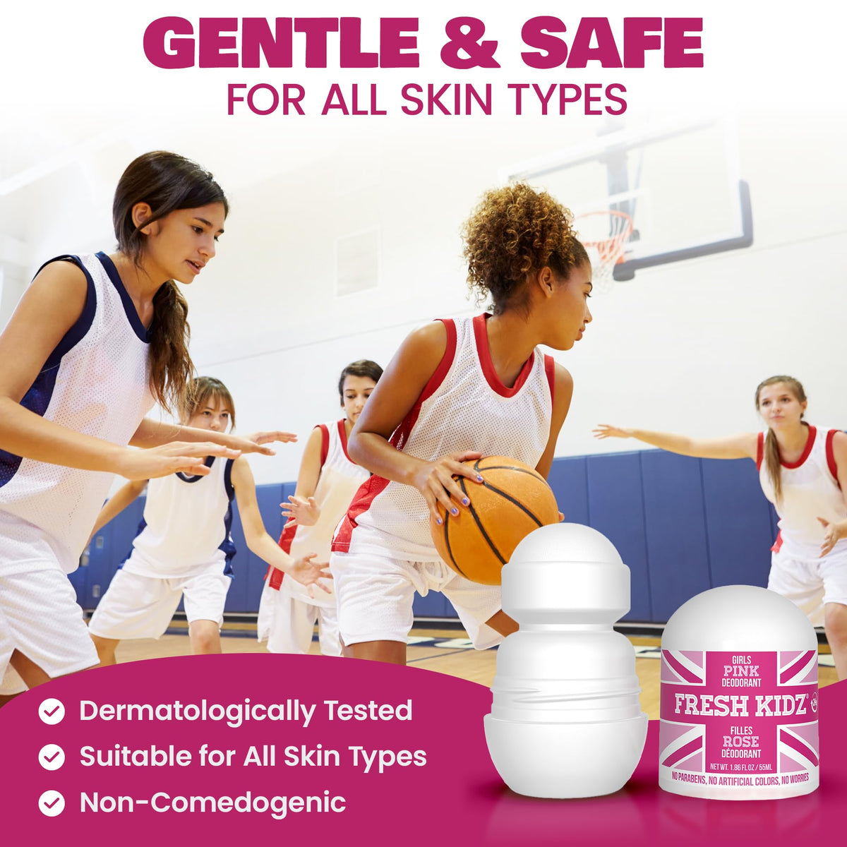 Fresh Kidz clear roll-on texture close-up illustrating gentle formula