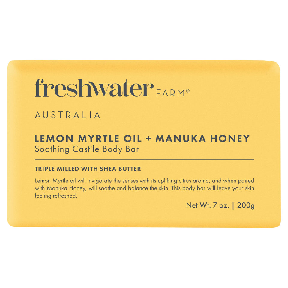 Freshwater Farm Australia body bar front view showing packaging and natural scent benefit