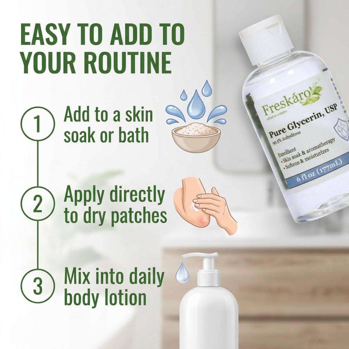 Freskáro drops on skin demonstrating quick absorption and hydration benefit