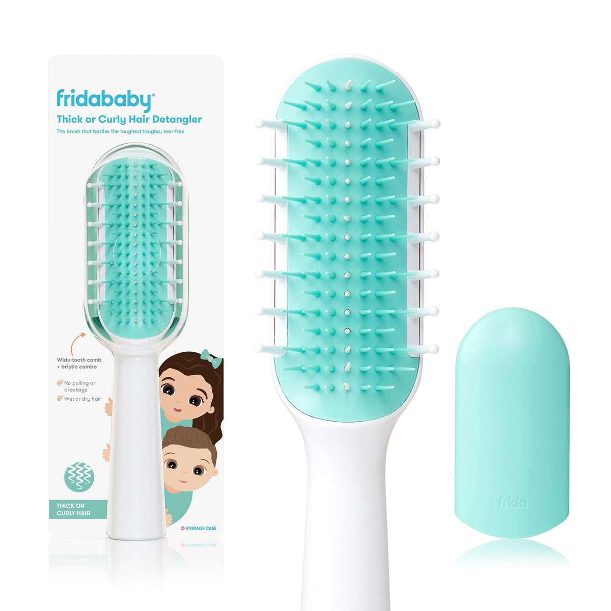 Frida Baby detangler brush front view showing teal body and comb, easy grip and travel-ready