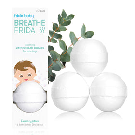 Frida Baby front packaging showing three wrapped vapor bath bombs for quick identification and storage