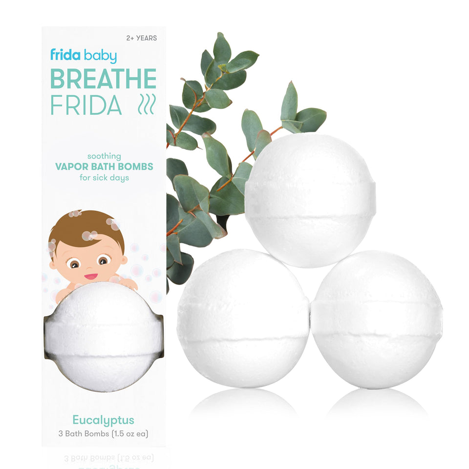 Frida Baby front packaging showing three wrapped vapor bath bombs for quick identification and storage