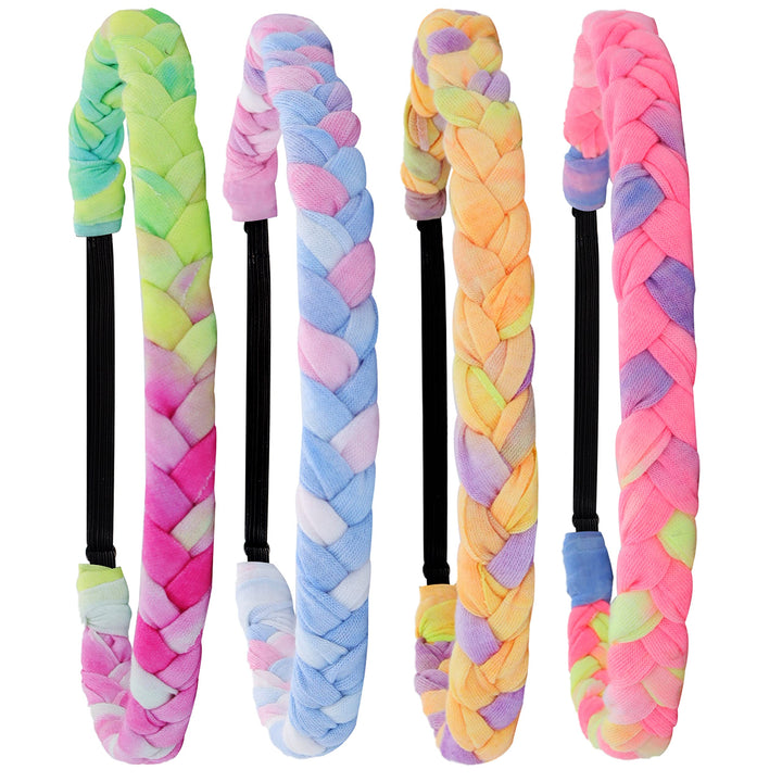 FROG SAC front view of four braided headbands showing colorful tie-dye and packaging benefit