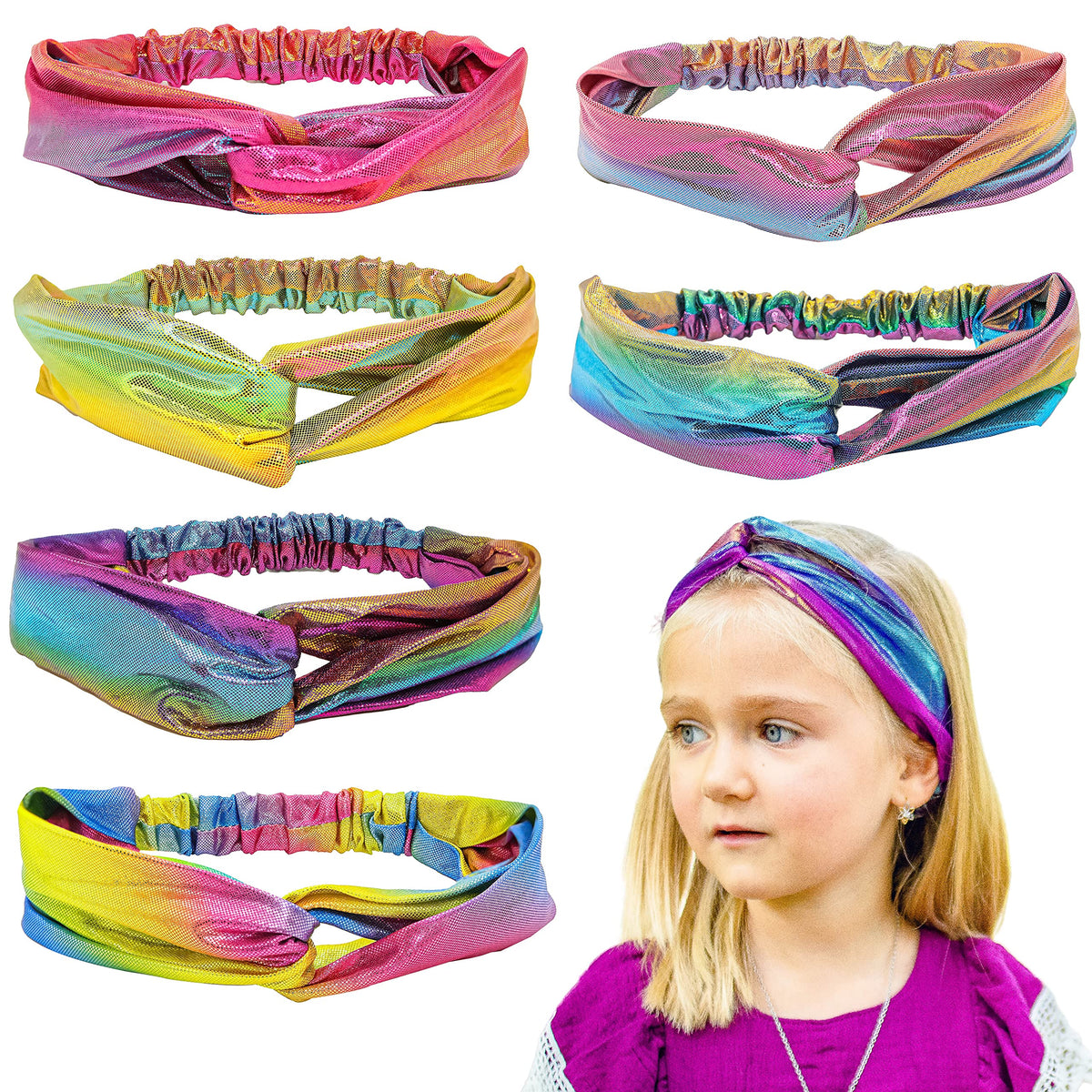 FROG SAC front view of six mermaid headbands showing color variety and sparkle