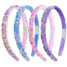 FROG SAC front view of four sequin headbands showing colors and packaging, bright appeal