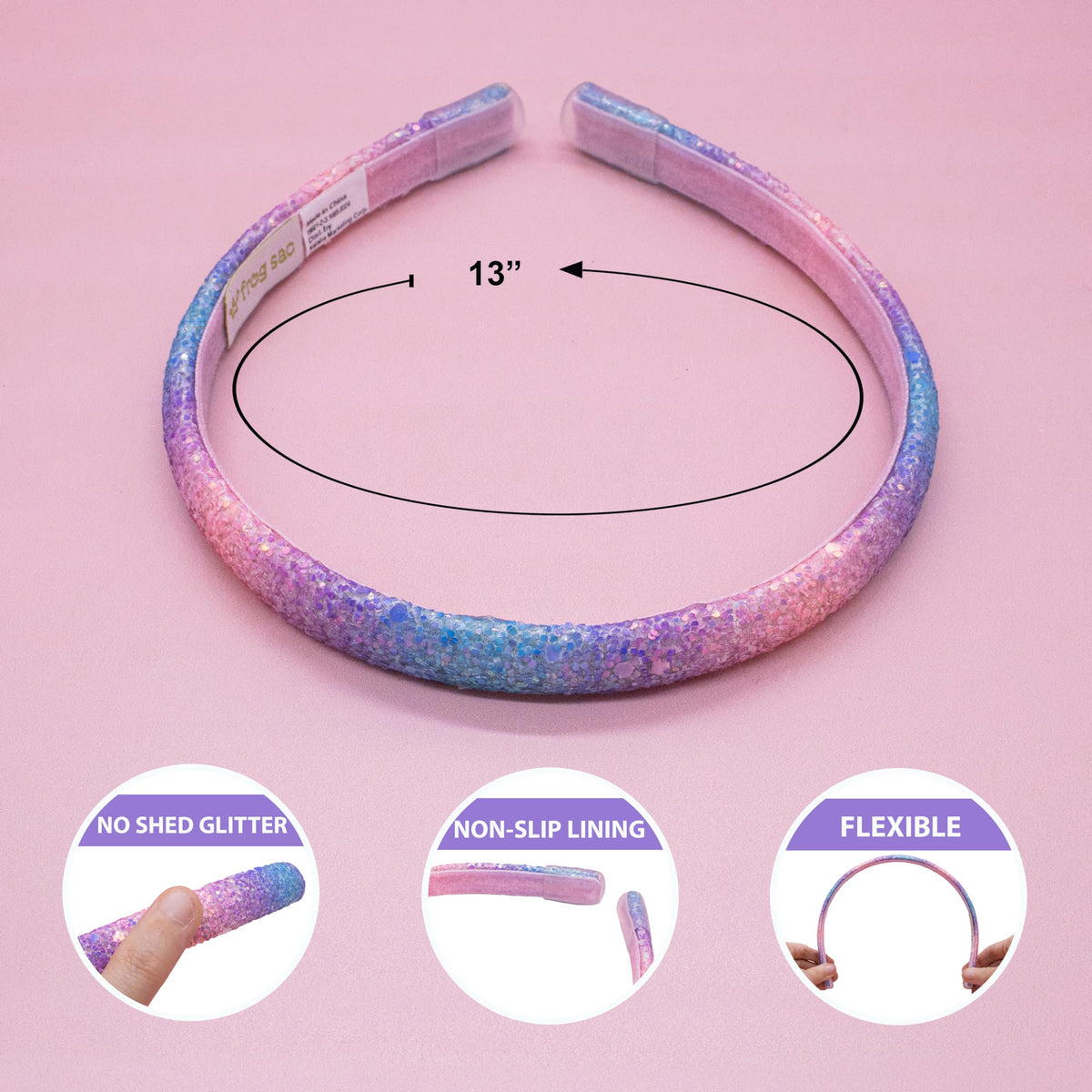 FROG SAC headband held in hand to show size and flexible 13-inch fit