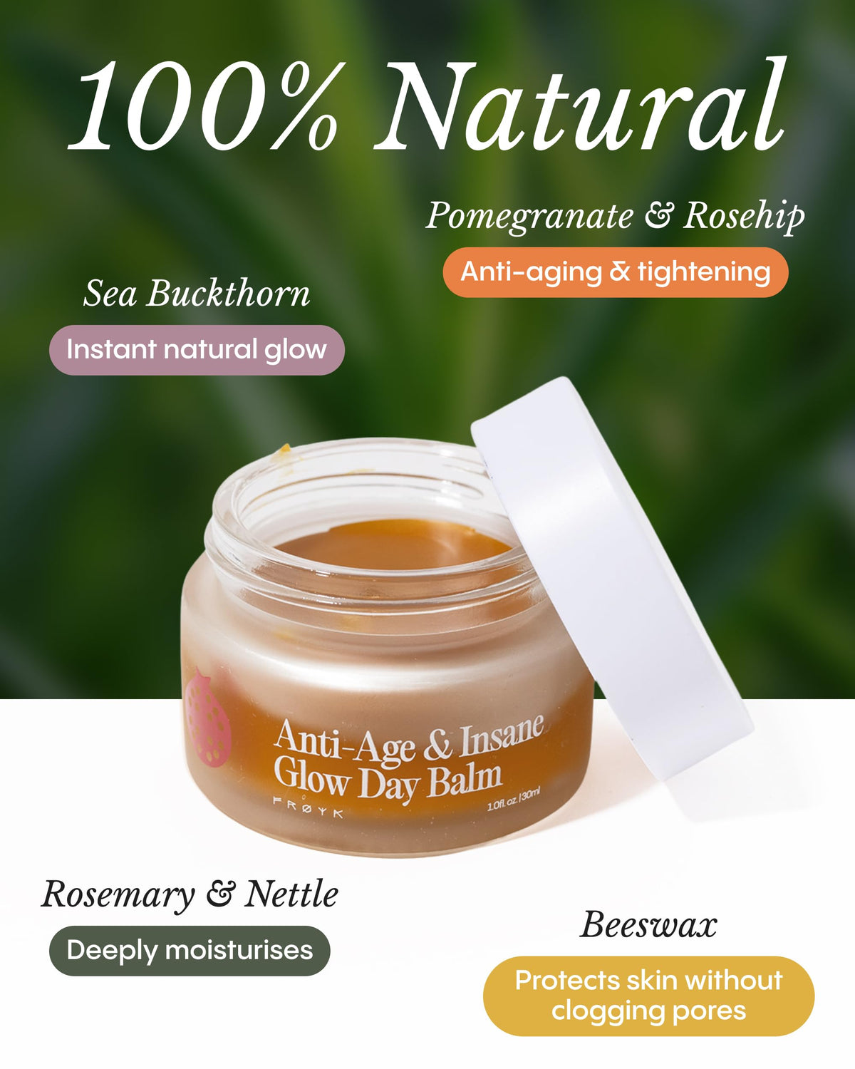 FRØYA balm in hand showing travel-friendly 30ml size and easy application benefit
