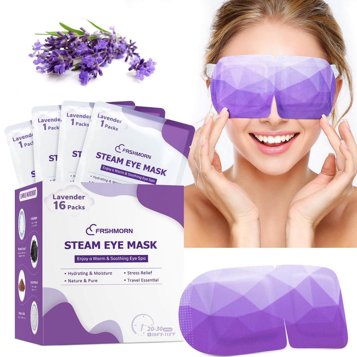 FRSHMORN front packaging showing 16 lavender steam eye masks and benefits