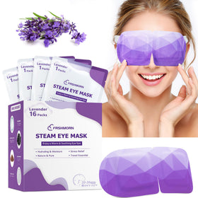 FRSHMORN front packaging showing 16 lavender steam eye masks and benefits