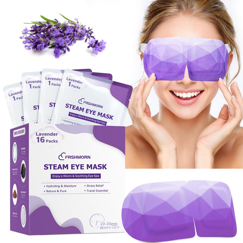 FRSHMORN front packaging showing 16 lavender steam eye masks and benefits