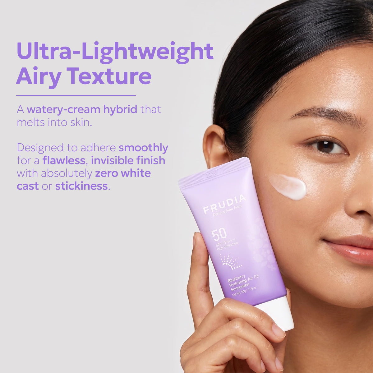 FRUDIA pump dispensing sunscreen showing easy, mess-free application benefit