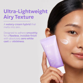 FRUDIA pump dispensing sunscreen showing easy, mess-free application benefit