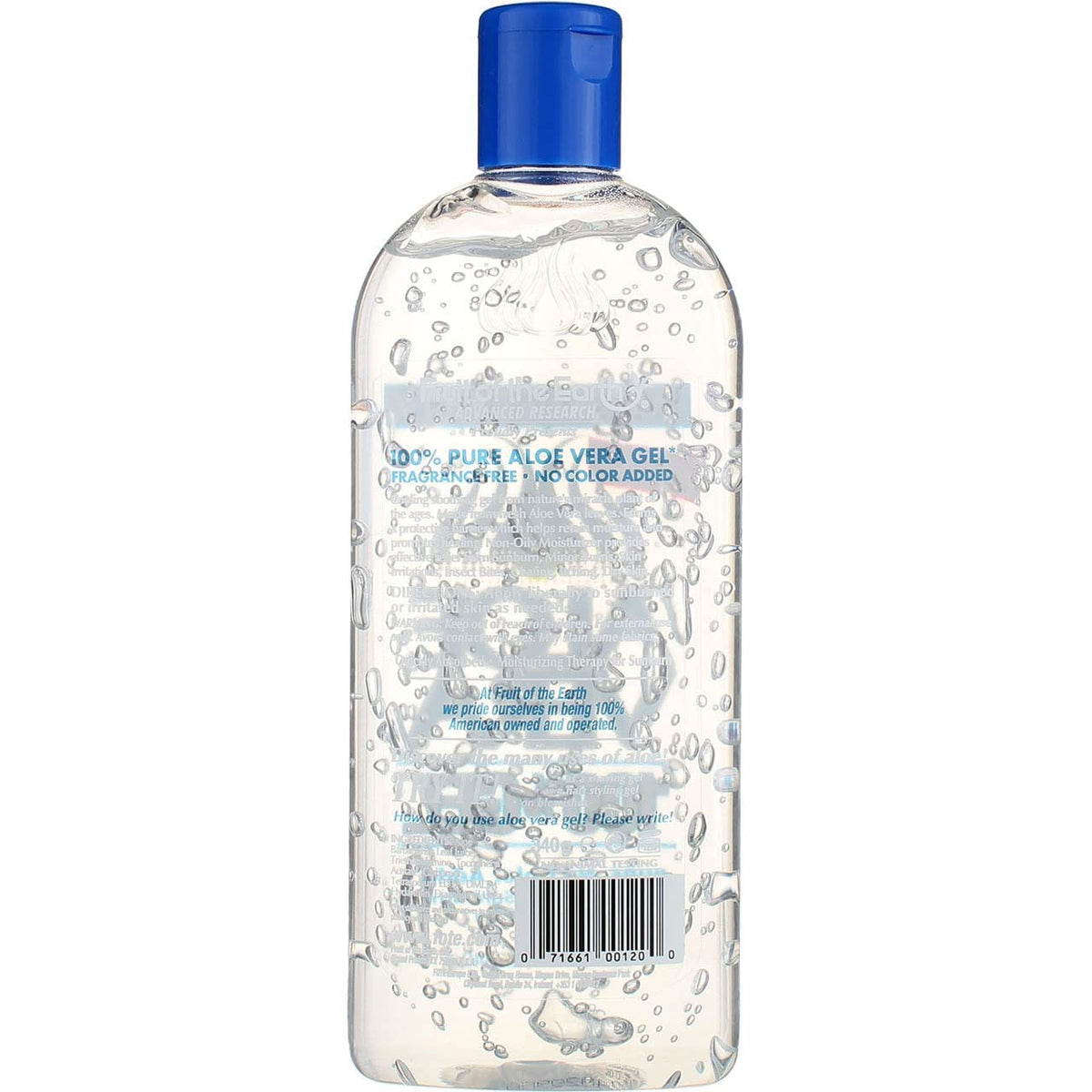 Fruit of the Earth bottle cap and label detail highlighting easy dispensing and readability