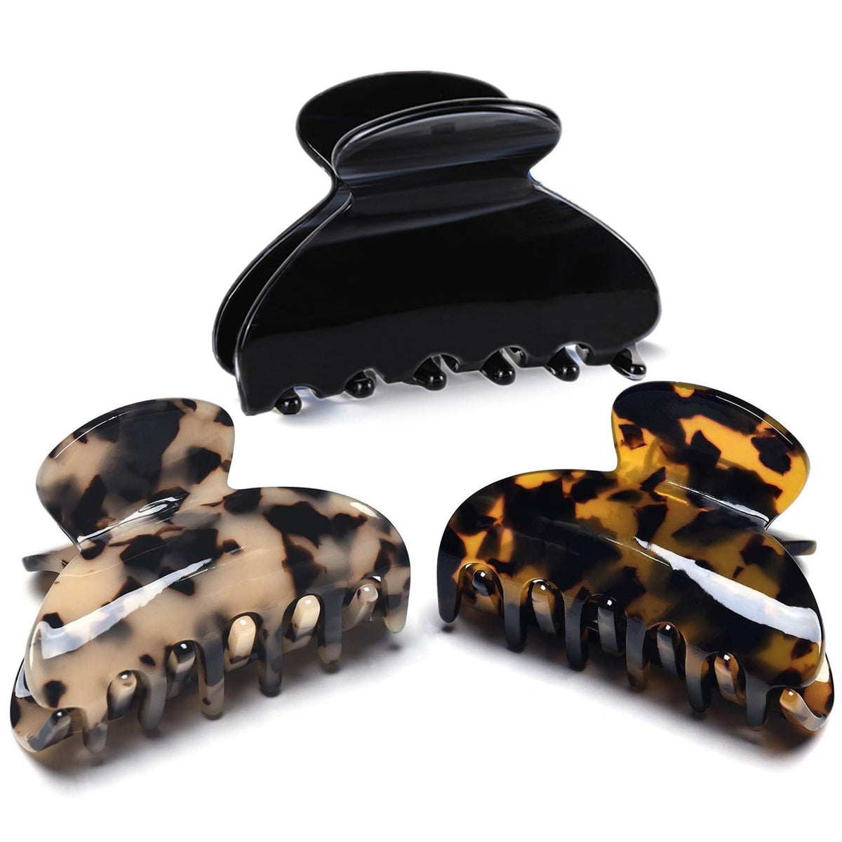 Fsmiling front view of 3-pack tortoise and leopard clips showing stylish patterns and size benefit