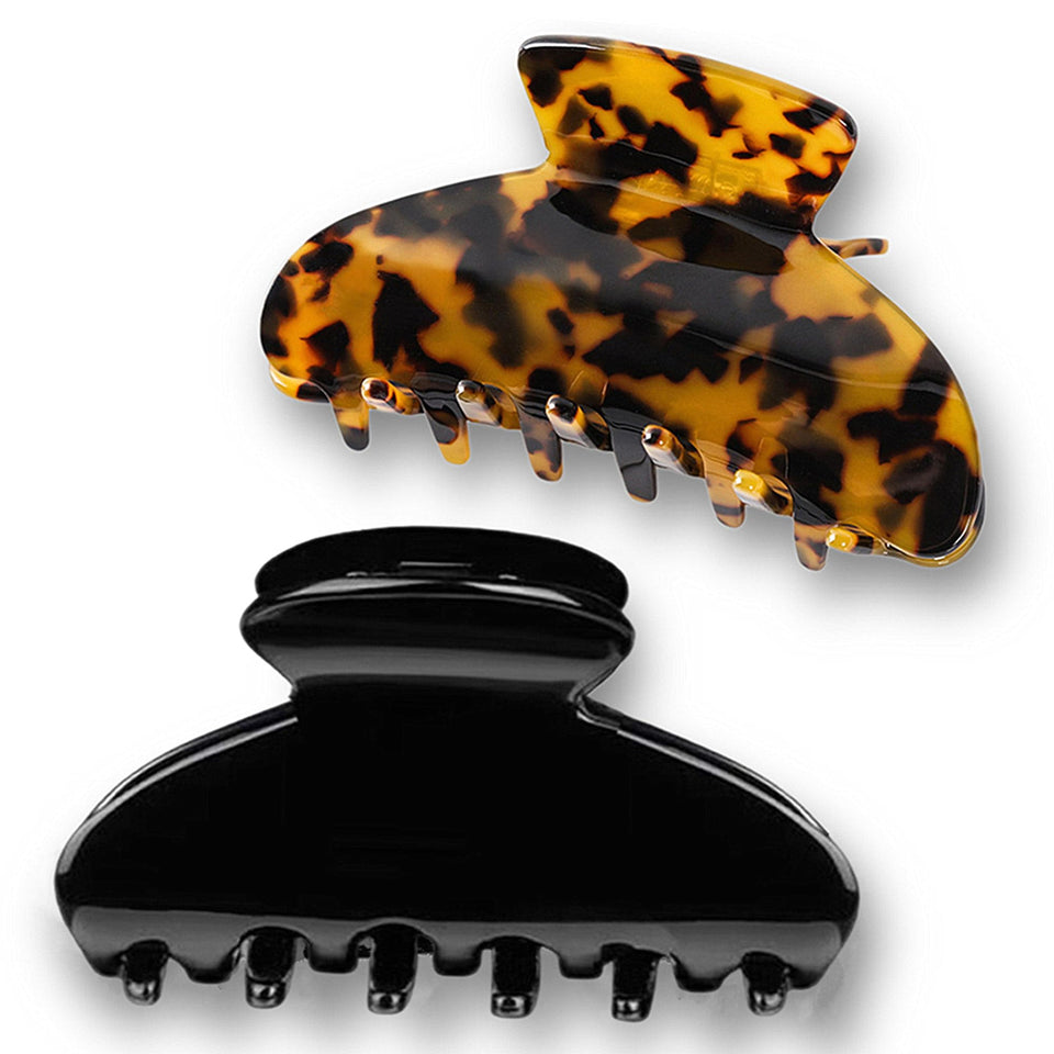Fsmiling front view showing tortoise and black clips, versatile styling benefit