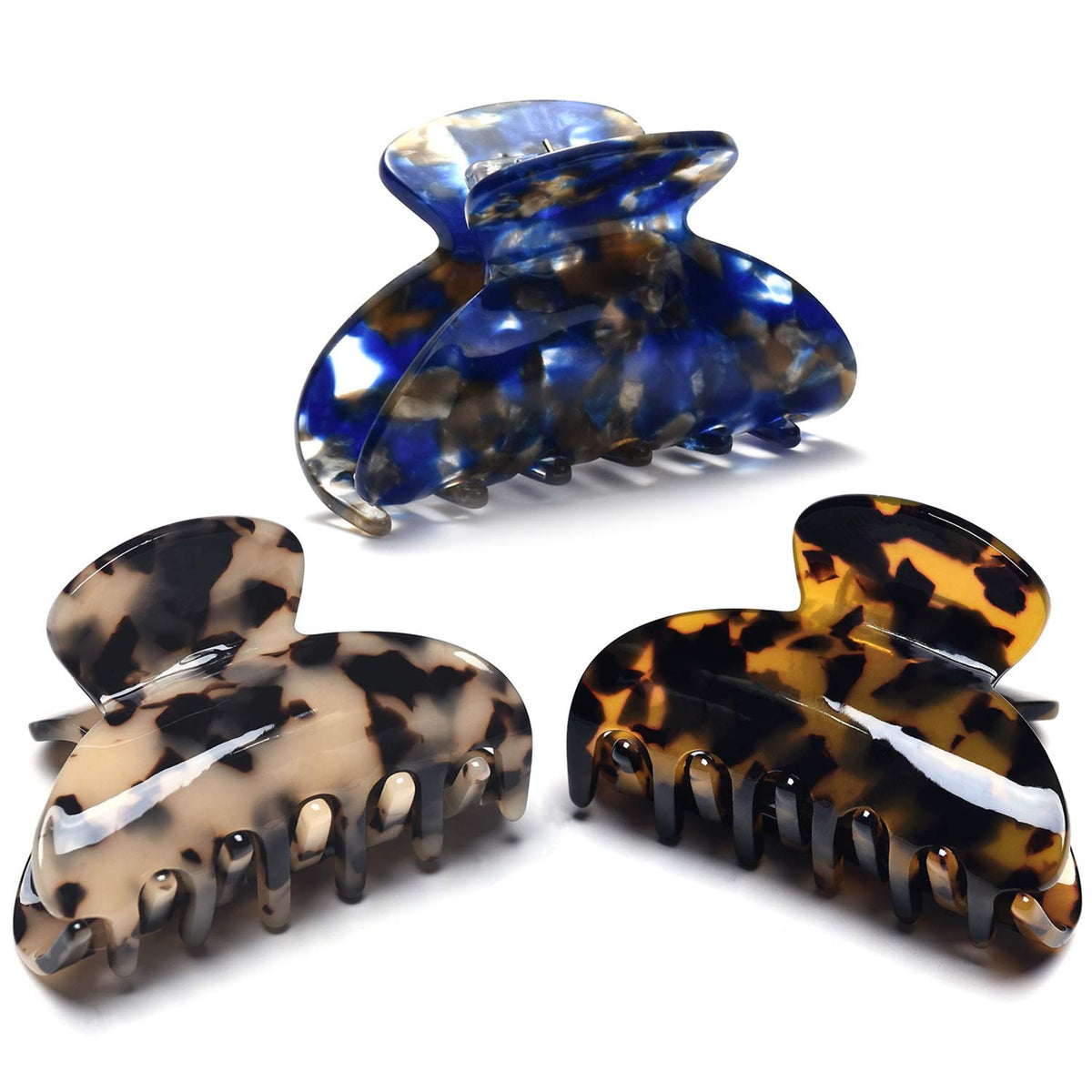 Fsmiling front packaging showing three tortoise clips, stylish everyday hold
