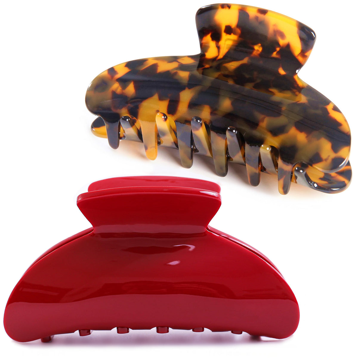 Fsmiling front view of tortoise and red clip pair showing design and secure hold