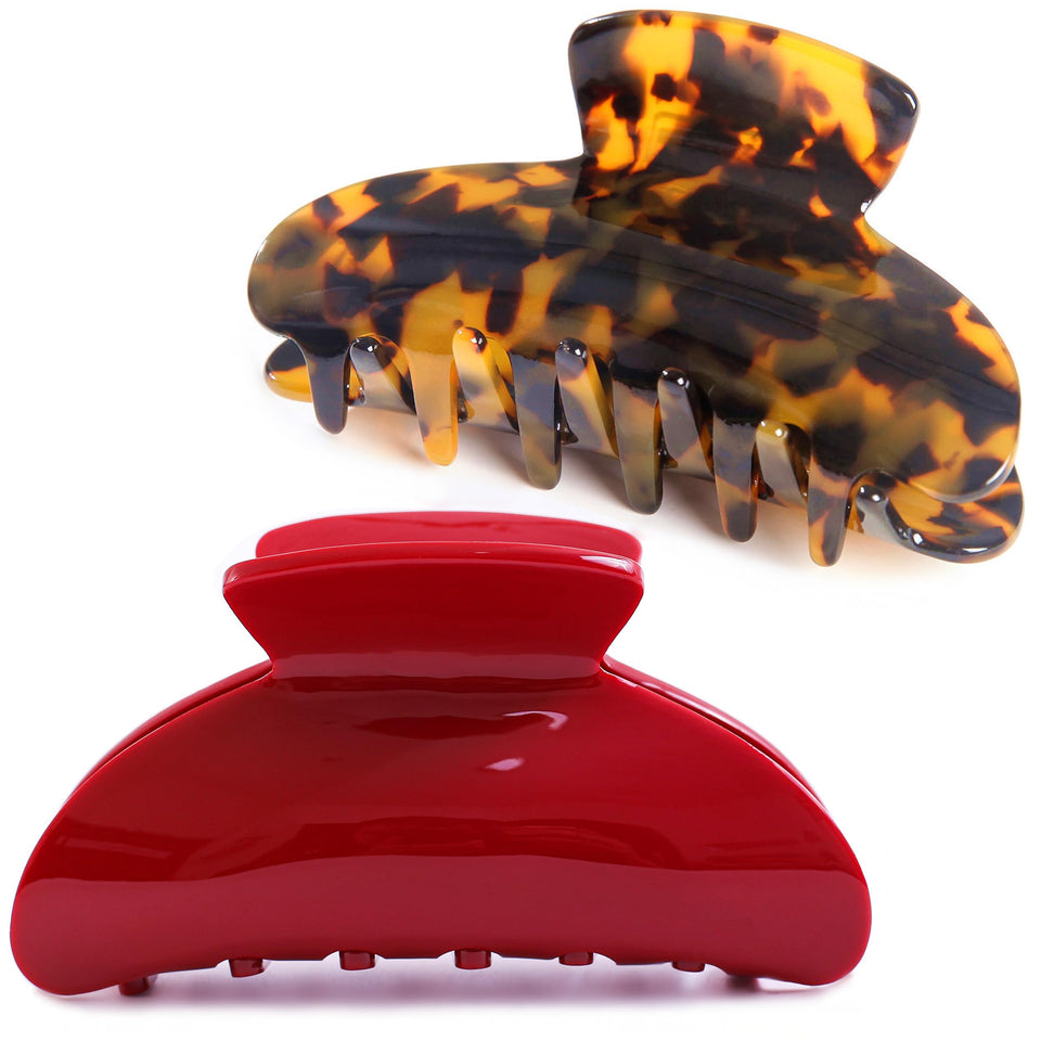 Fsmiling front view of tortoise and red clip pair showing design and secure hold