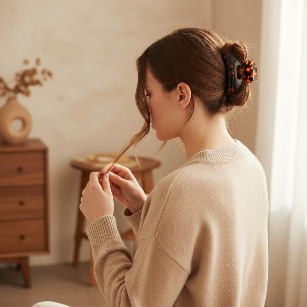 Fsmiling clip securing a high bun for comfortable all-day hold