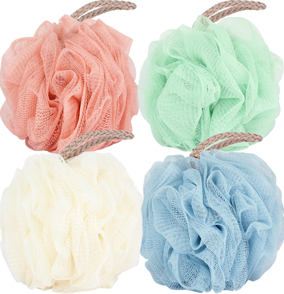 Fu Store front packaging showing four colorful loofah sponges and benefit of variety