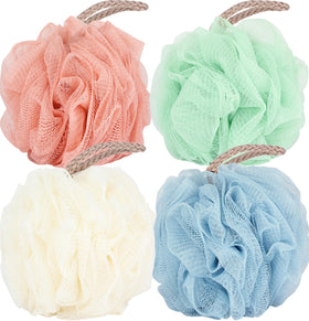 Fu Store front packaging showing four colorful loofah sponges and benefit of variety