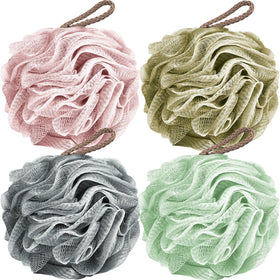 Fu Store loofah pack front view showing four colorful sponges and benefits