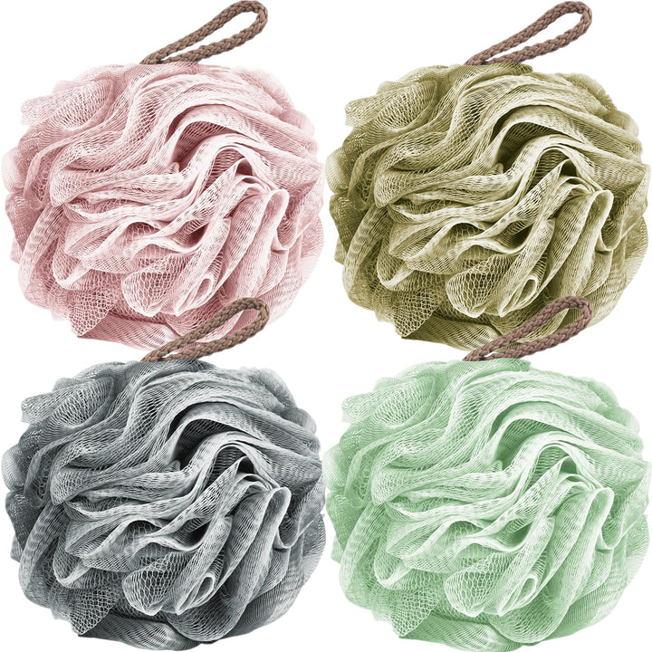 Fu Store loofah pack front view showing four colorful sponges and benefits