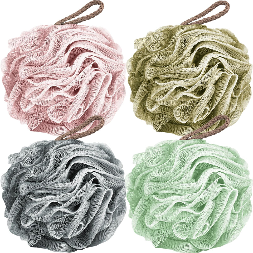 Fu Store loofah pack front view showing four colorful sponges and benefits