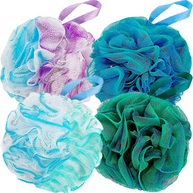 Fu Store front packaging showing four colorful loofah sponges and product labeling, easy selection
