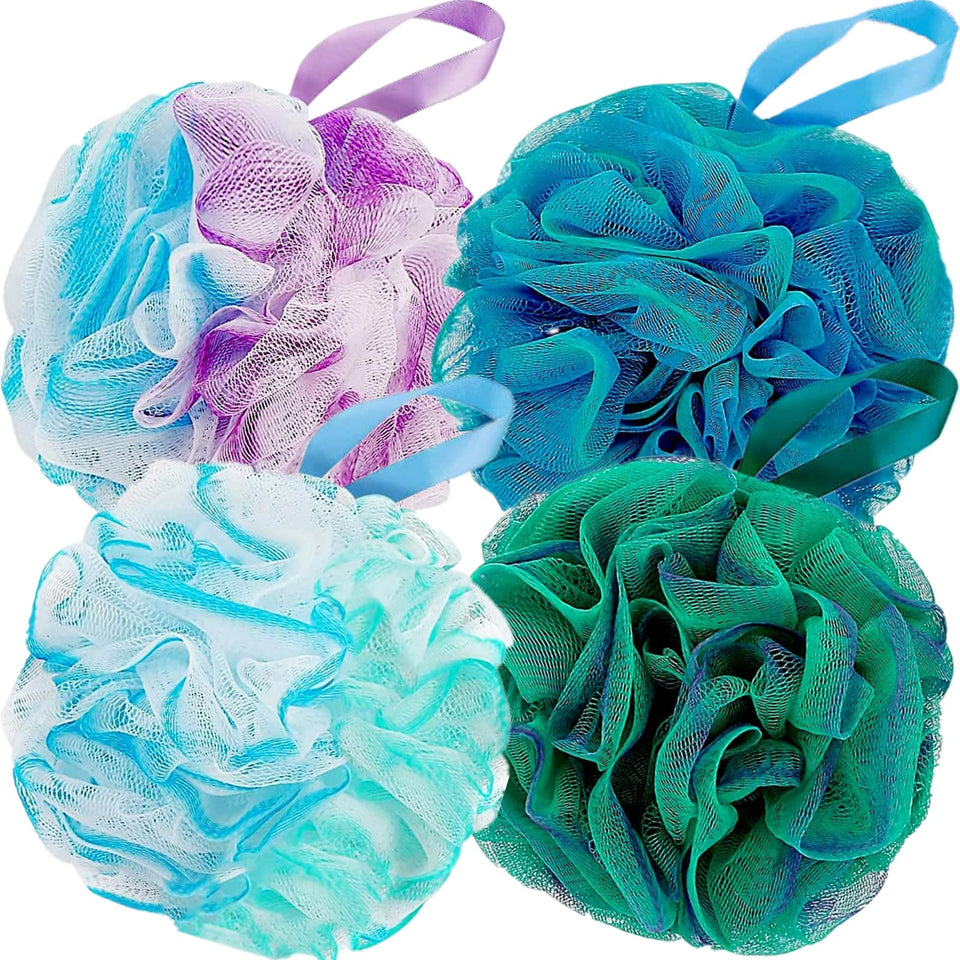 Fu Store front packaging showing four colorful loofah sponges and product labeling, easy selection