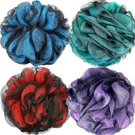 Fu Store front view of four colorful loofah balls showing pack versatility