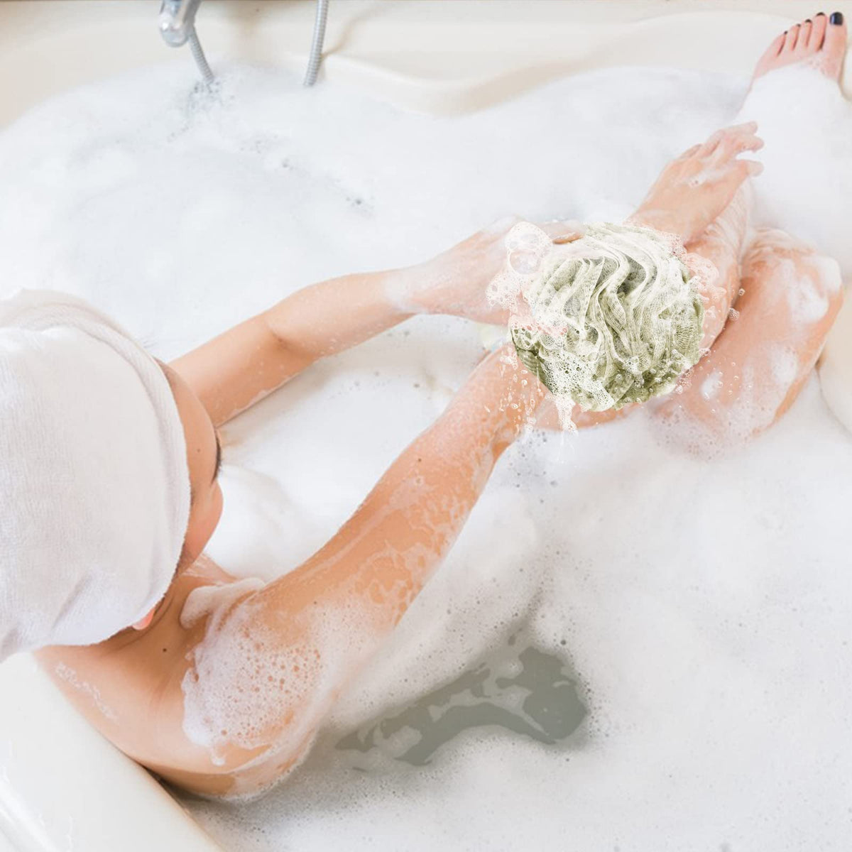 Fu Store loofah in use creating lather during a shower cleans effectively