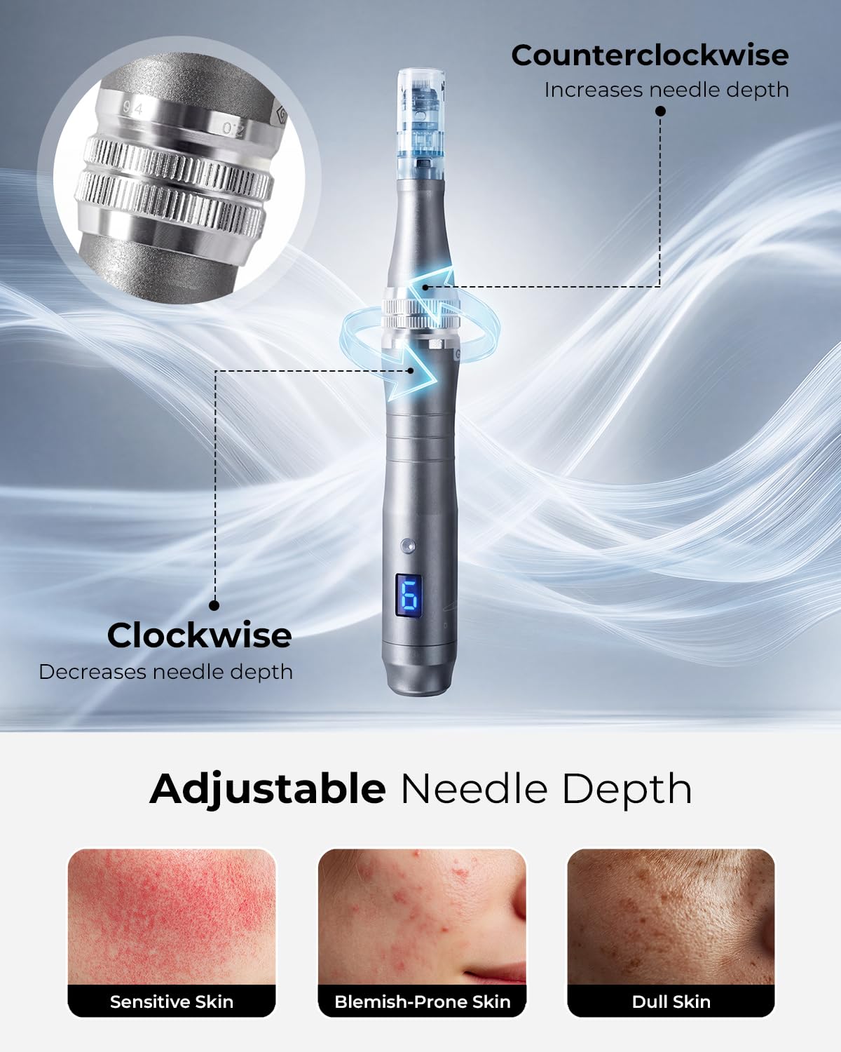 Fuelion Dr Pen M8 in use on cheek illustrating adjustable depth for targeted facial treatment