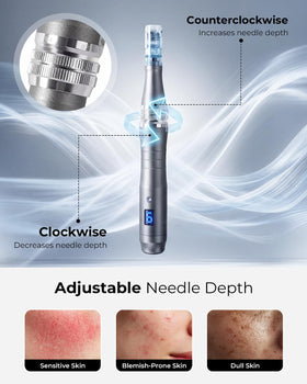 Fuelion Dr Pen M8 in use on cheek illustrating adjustable depth for targeted facial treatment