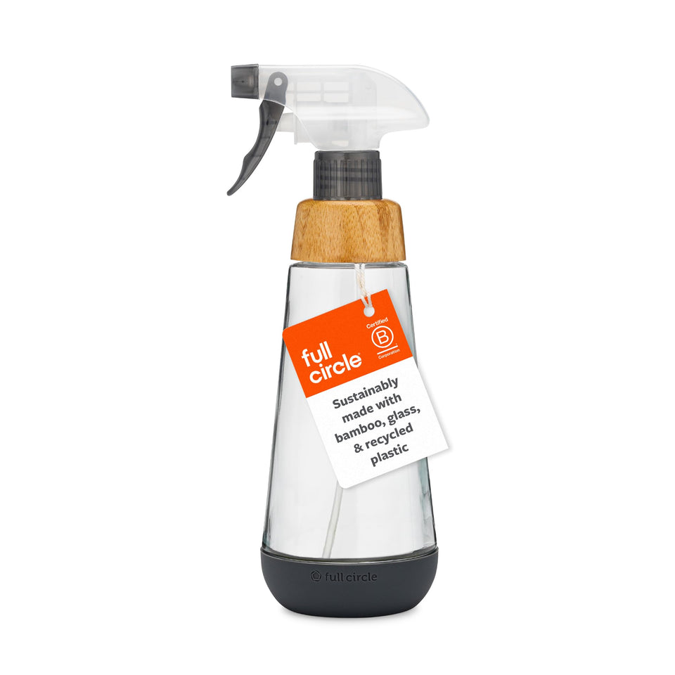 Full Circle front view showing gray 16oz bottle and bamboo accent for elegant refillable cleaning