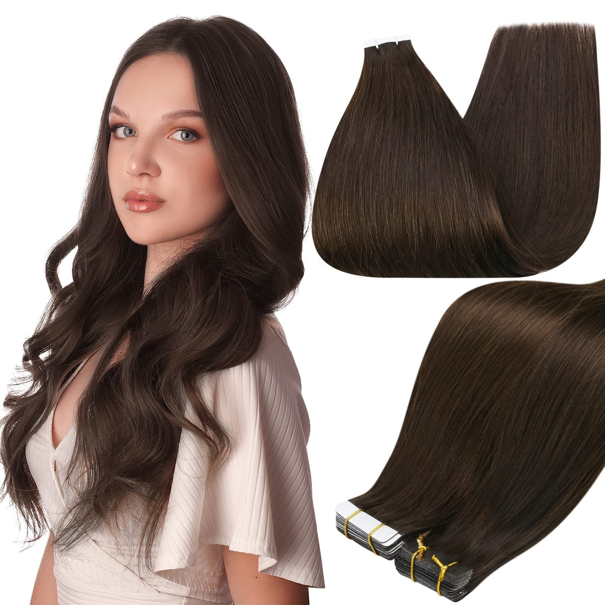 Full Shine front packaging showing dark brown tape-in wefts and benefits