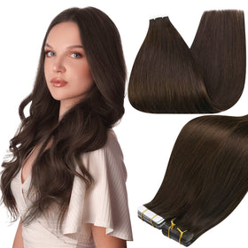 Full Shine front packaging showing dark brown tape-in wefts and benefits