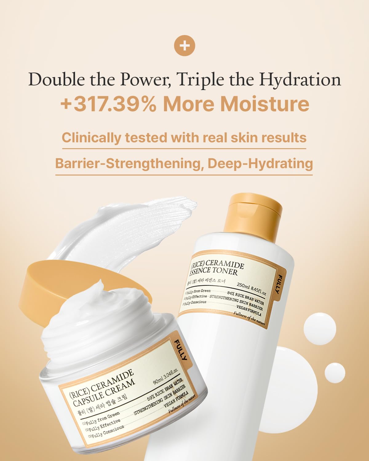 FULLY rice water and ceramide ingredients staged to highlight hydrating barrier benefits