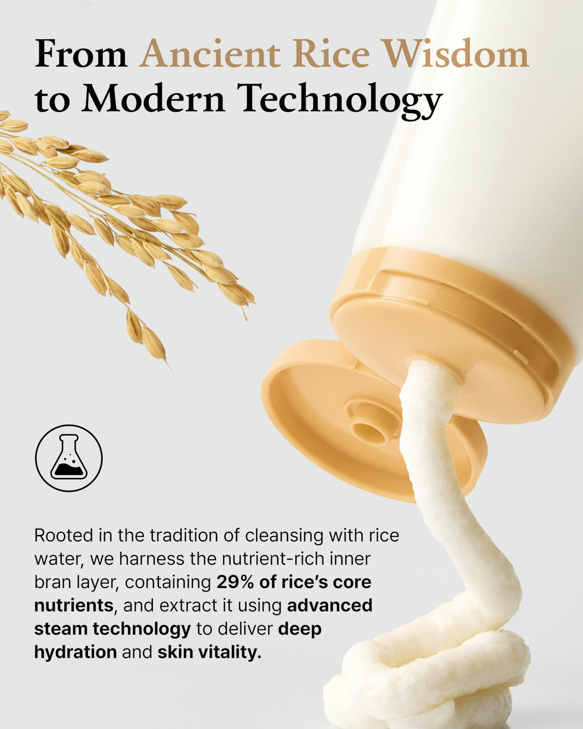 FULLY bottle staged with rice grains illustrating rice bran hydration