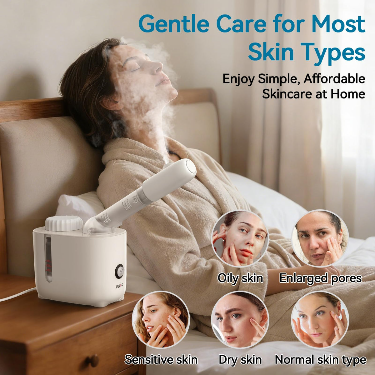 FULOG steamer in use during home spa session showing relaxing facial treatment benefit