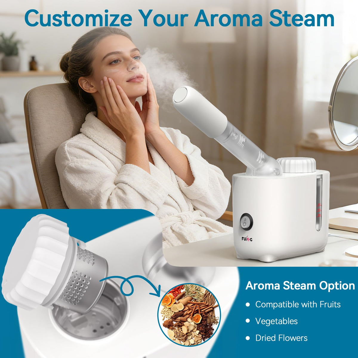 FULOG steamer 200ml tank and aromatherapy pad showing easy scent setup benefit