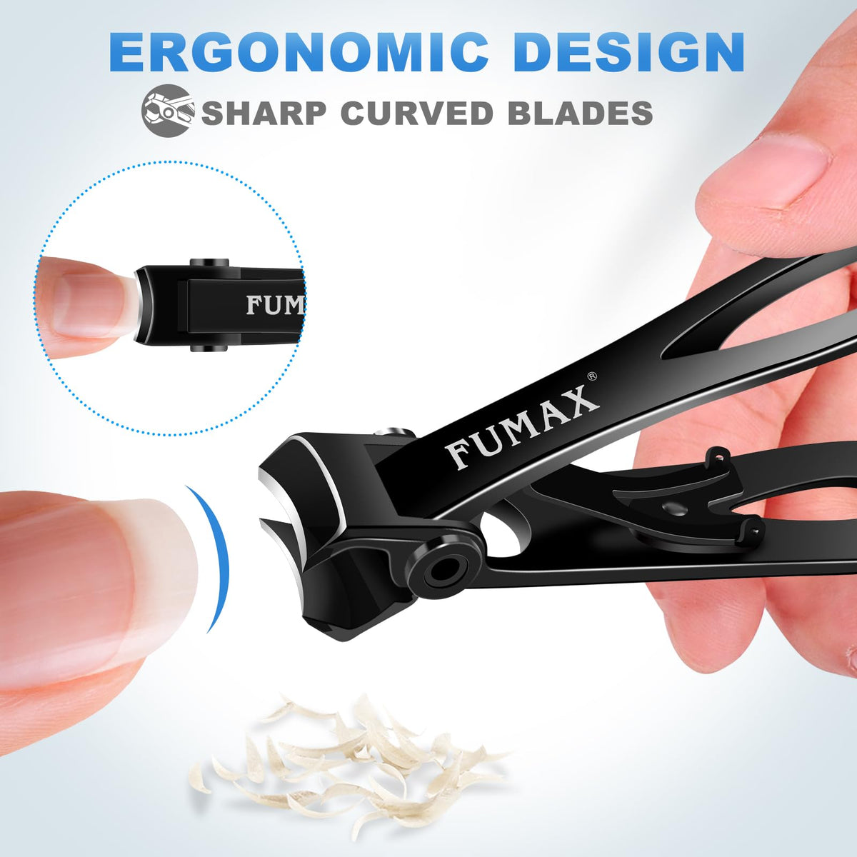 FUMAX blade closeup highlighting curved stainless-steel edge for smoother cuts