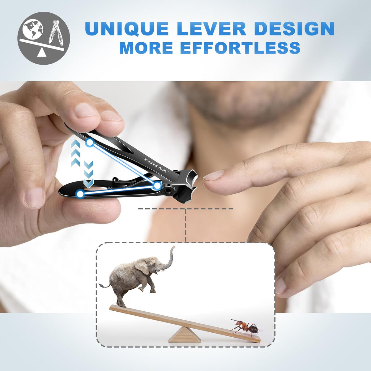 FUMAX clippers held in hand demonstrating reduced force and control