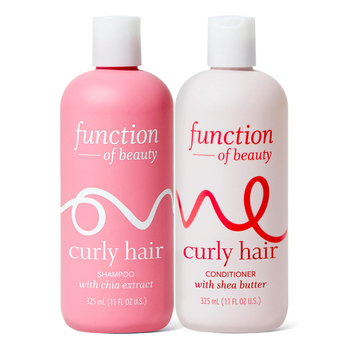 Function of Beauty front packaging of curly shampoo and conditioner showing bottles and label benefits