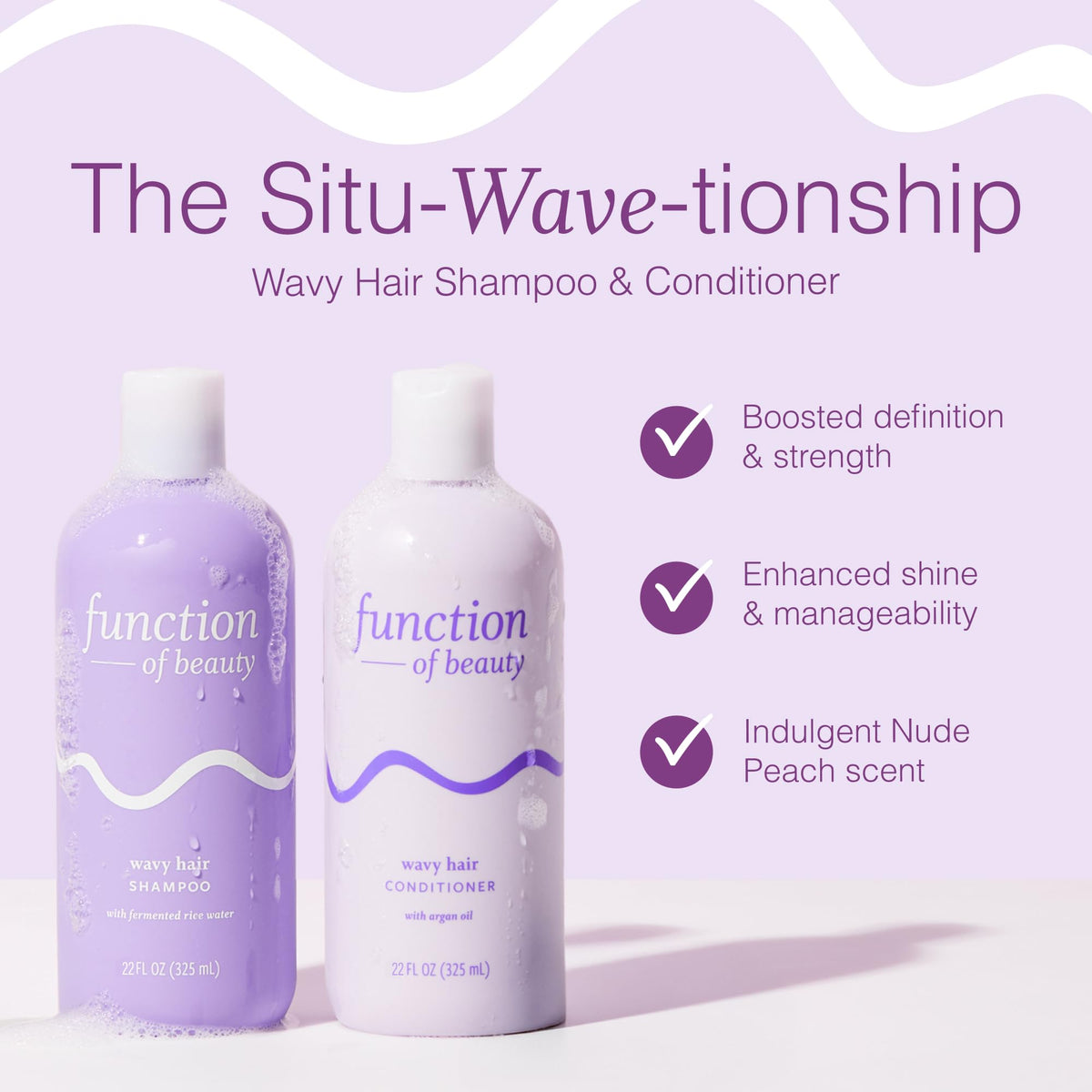 Function of Beauty bottles next to a ruler showing 22 oz size and long-lasting value
