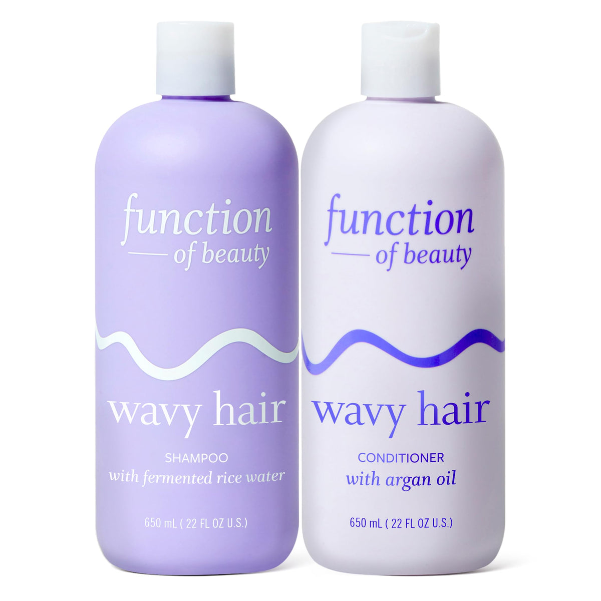 Function of Beauty front packaging showing XL wavy shampoo and conditioner benefits
