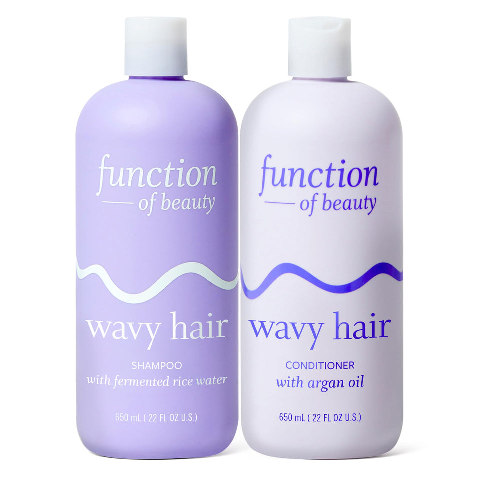 Function of Beauty front packaging showing XL wavy shampoo and conditioner benefits